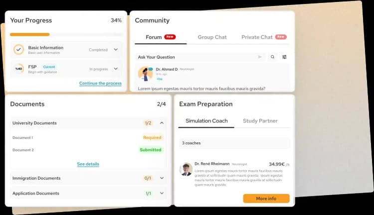 Get2Germany platform features dashboard showing step-by-step guidance, document management, progress tracking, and expert support for international doctors