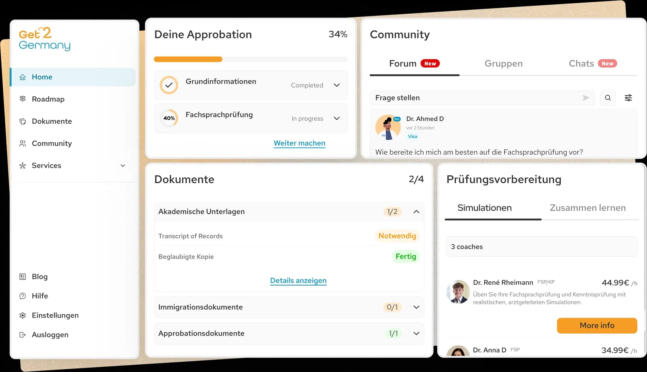 Get2Germany platform features dashboard showing step-by-step guidance, document management, progress tracking, and expert support for international doctors